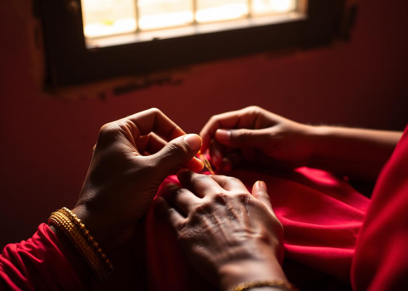 Hands of an artisan embroidering gold thread onto silk